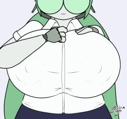 1girls animated antennae_(anatomy) artist_signature barely_contained_breasts barely_fits bit_(zedrin) breasts_too_big bursting_breasts fat_breasts female female_focus female_only glasses green_hair large_breasts massive_areolae massive_breasts nipple_bulge nipples robot_girl round_glasses signature skirt smiling solo solo_female solo_focus tight_fit too_tight undersized_clothes undersized_clothing unzipping zedrin