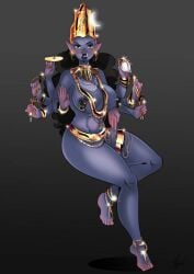 angry angry_face big_breasts black_hair blue_skin boar boar_ears breasts crown dark_hair furry half-dressed hindu_mythology hinduism jewelry jewerly_only long_hair lufidelis multiple_arms nipple_piercing piercing tail tusks varahi_(hinduism)