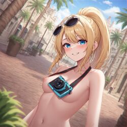 1girls ai_generated alfredo_oriani_(azur_lane) azur_lane blonde_hair blue_eyes breasts camera camera_around_neck city_background female nipples nude nude_female outdoors outside sardegna_empire_(azur_lane) self_upload smile sunglasses sunglasses_on_head tree trees upper_body upper_body_only