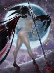 1girls ass bare_shoulders bayonetta bayonetta_(character) bayonetta_2 black_hair blue_eyes breasts eyewear female female_only flannaganthered full_length glasses high_heels hips holding_weapon human large_breasts legs long_hair moon naked_footwear naked_heels nintendo nipples nude shoes sideboob solo staff standing thighs topless very_long_hair weapon witch