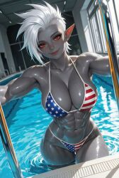 1girls abs ai_generated american_flag_bikini athletic athletic_female bikini dark-skinned_female dark_elf dark_skin dark_skinned elf elf_ears fit fit_female indoor_pool indoors inside looking_at_viewer mohawk mohawk_(hairstyle) muscles muscular muscular_female original original_character pointed_ears pointy_ears pool poolside red_eyes short_hair smile smiling smiling_at_viewer tagme toned_abs toned_body toned_female water wet wet_body white_hair