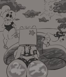 3girls antennae_(anatomy) black_hair box box_on_head cat_ears collar fat_ass greyscale huge_boobs huge_breasts jaiden jaiden_animations meme_reference nimu nimu_(irl) pool rokoryt_art sofia_magali_santillan_(nimu) star_ornament swimsuit tied_hair white_body white_hair white_skin xiaro youtube youtube_hispanic youtuber