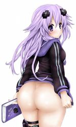 adult_neptune ass big_ass blush book breasts butt clothed hair_ornament long_hair neptunia_(series) pink_hair purple_eyes smile sweater