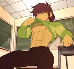 1male 2d 2d_(artwork) abs androgynous big_bulge brown_hair bulge bulge_through_clothing chalkboard classroom clothing_lift color colored deltarune feminine_faced_male kingdom_velvet kris_(deltarune) kris_male_(deltarune) lifting_shirt male male_only muscles muscular muscular_male nipples nonbinary pecs sexy_body sitting sitting_on_chair sparkle twunk yellow_skin