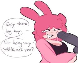 1boy 1girls big_penis bunny_ears bunny_girl carpoongle cheeky chubby chubby_female dialogue lagomorph lagomorph_humanoid looking_at_penis original_character penis_on_cheek penis_on_face penis_rubbing_against_cheek precum precum_drip sarcasm self_upload