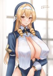 bare_hips blonde_hair blush breast_curtains cleavage cross dated debaiza dress female_only huge_breasts long_hair nun original sideboob solo veil yellow_eyes