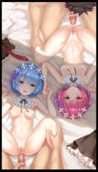 2boys 2girls after_sex bar_censor barefoot bed_sheet black_ribbon blue_eyes blue_hair blush breasts censored chong_wuxin cum cum_on_body cum_on_lower_body detached_collar dress_removed hair_ornament hair_ribbon hand_holding highres jewelry leg_grab looking_at_viewer lying maid maid_headdress medium_breasts multiple_boys multiple_girls navel nipples nude on_back on_bed penis pink_hair pointless_censoring purple_ribbon pussy ram_(re:zero) re:zero_kara_hajimeru_isekai_seikatsu rem_(re:zero) ribbon ring shimaidon short_hair siblings sisters spread_legs straight sweat twins x_hair_ornament