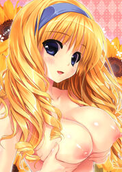 absurdres argyle argyle_background blonde_hair blush breast_lift breasts cecilia_alcott collarbone female flower hairband highres infinite_stratos large_breasts long_hair looking_at_viewer nipples open_mouth scan shintarou shiny shiny_skin smile solo sunflower topless