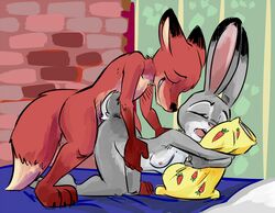 bed breasts disney female furry judy_hopps male nameless_lewder nick_wilde nipples nude open_mouth pillow sex small_breasts zootopia