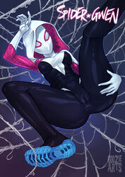 1girls anus ass blonde_hair blue_eyes bodysuit breasts character_name english english_text female female_only goozie gwen_stacy headphones large_breasts long_hair marvel mask masked_female nipples open_mouth pussy shoes solo spider-gwen spider-man_(series) spread_legs text tongue tongue_out