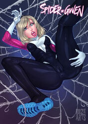 1girls anus ass blonde_hair blue_eyes bodysuit breasts character_name english english_text female female_only goozie gwen_stacy hairband headphones large_breasts long_hair marvel mask nipples open_mouth pussy shoes solo spider-gwen spider-man_(series) spread_legs text tongue tongue_out torn_clothes