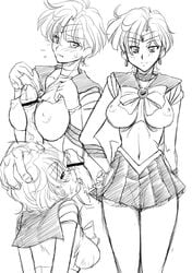 1boy bishoujo_senshi_sailor_moon blush breasts censored clothing cum facial female gabri-l greyscale haruka_tenou large_breasts medium_breasts nipples oral_sex paizuri penis rape sailor_uranus short_hair skirt small_breasts smile straight titfuck