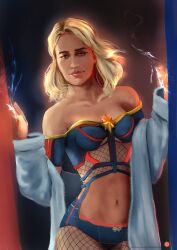 1girls blonde_hair brie_larson brown_eyes captain_marvel carol_danvers female female_only glowing_hair glowing_hand hironounmei light_skin lingerie marvel nightgown solo solo_female