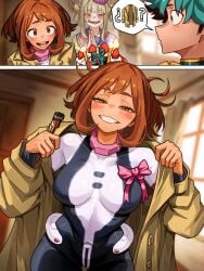 1boy 2girls alternate_costume big_breasts blonde-haired_female blonde_hair blush body_paint bodysuit boku_no_hero_academia breasts brown-haired_female brown_hair cake candle coat comic eye_color_change femdom femsub food ghost green-haired_male green_eyes green_hair hat hero_outfit_(mha) himiko_toga human human_female izuku_midoriya large_breasts midoriya_izuku my_hero_academia ochaco_uraraka ochako_uraraka ochako_uraraka_(hero_outfit) open_clothes paint painted_clothes possession short_hair smile speech_bubble superheroine toga_himiko tongue tongue_out undressing uraraka_ochaco uraraka_ochako vlizz yellow_eyes