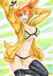 1girls ;d arms_up artist_name bikini bikini_under_clothes black_legwear breasts cowboy_shot eyebrows_visible_through_hair female female_only green_eyes hand_on_own_head highres hood_up human human_only kasumi_(pokemon) large_breasts long_sleeves marker_(medium) navel nintendo one_eye_closed open_clothes open_mouth orange_hair outstretched_arm pokemon pokemon_(cosplay) psyduck_(cosplay) side_ponytail sketch smile solo stomach swimsuit takecha text thighhighs traditional_media underboob watermark