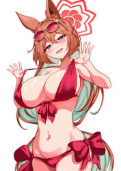 1girls animal_ears bikini blue_archive blush breasts brown_hair cleavage colored_inner_hair covered_erect_nipples eyewear_on_head fox_ears fox_girl large_breasts long_hair looking_at_viewer mononoke_(pixiv53597254) multicolored_hair navel open_mouth purple_eyes red_bikini rumi_(blue_archive) shiny_skin simple_background solo sunglasses swimsuit white_background