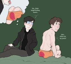2boys anilingus anus_worship ass ass_eating black_hair black_hoodie bradley_(mr_shrink) brown_hair digital_drawing_(artwork) digital_media_(artwork) dirty_thoughts drool drool_on_ass drool_on_asshole drool_string drooling dumb dumb_male exasperated gay gay_anilingus glasses green_background green_eyes insulting_partner intellectual_disability learning_disability licking_ass licking_asshole looking_for_underwear male male/male male_focus male_only mental_disability mentally_deficient mr_shrink naruto naruto_(series) nerd nerdy_male orange_underwear original original_character original_characters pale_skin shilo_(mr_shrink) short_hair smaller_male square_glasses stupid thinking thinking_about_ass thinking_about_sex thinking_cloud underwear underwear_around_legs underwear_down underwear_only unhappy weeb