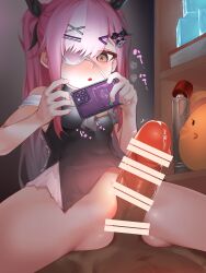1boy absurdres azur_lane bar_censor black_ribbon blush bottomless breasts cellphone censored commentary_request covered_navel crotch_rub eyepatch female grinding hair_ornament hair_ribbon hairclip hands_up highres holding holding_phone kawaiihusky manjuu_(azur_lane) multicolored_hair parted_lips penis petite phone pink_hair pussy ribbon small_breasts smartphone straddling streaked_hair white_hair white_streaks wisdom_cube_(azur_lane) x_hair_ornament yellow_eyes z47_(azur_lane)