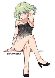 1boy 2d artist_name bob_cut clothed clothed_male color crossdressing crossdressing_male crossed_legs crossing_legs dress femboy femboy_only green_hair heels high_heels instanttnoodle legs_crossed lio_fotia looking_at_viewer male male_only nipples_visible_through_clothing petite petite_body petite_male promare pumps purple_eyes seductive seductive_look see-through shoes sitting slim slim_male slim_waist solo translucent translucent_clothing white_background