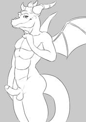 anthro balls dragon erection humanoid_penis jaysee looking_at_viewer male male_only monochrome nude penis smile solo spyro spyro_the_dragon standing video_games wings