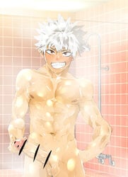 1boy abs bar_censor bathroom erection large_penis male_only muscle naughty_face nude penis shower silver_hair smile solo soul_eater soul_eater_evans steam teeth water wet