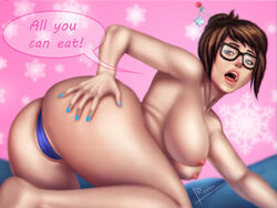 1girls all_fours ass ball_gag bare_shoulders big_ass blizzard_entertainment blue_nails breasts brown_eyes brown_hair chubby curvy dat_ass english english_text eyewear female female_only fingernails gag glasses hair_bun hips large_breasts legs lips long_hair mei_(overwatch) nail_polish nipples overwatch panties reiner55 sideboob solo tagme text thick_thighs thighs thong tied_hair topless