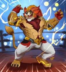 2016 abs anthro armpit_hair armpits belt biceps big_muscles brown_fur championship_belt chest_tuft claws fangs feline fur furry gnar highres league_of_legends lion male mammal manly mega_gnar muscular muscular_male nipples open_mouth pants pecs riot_games shade_the_wolf smile solo standing teeth toe_claws tongue topless tuft vein white_fur wrestler wrestling