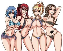 4girls arm_around_waist bikini black_eyes blonde_hair blue_hair breasts brown_eyes brown_hair cana_alberona cleavage covered_nipples cropped_legs erza_scarlet fairy_tail female female_only flower frilled_bikini frown hair_flower hair_ornament human juvia_lockser large_breasts long_hair looking_at_viewer lucy_heartfilia multiple_girls navel noriyuki83 open_mouth ponytail raised_arm red_hair short_hair side-tie_bikini sidelocks simple_background skirt smile tattoo tied_hair underboob