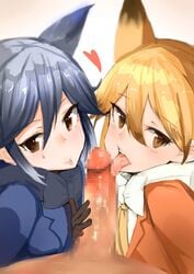 1boy 2girls animal_ears black_hair blonde_hair censored collaborative_fellatio double_fellatio ezo_red_fox_(kemono_friends) fellatio fox_ears kemono_friends licking looking_at_viewer mosaic_censoring multiple_fellatio multiple_girls muoto oral penis pov silver_fox_(kemono_friends) tagme teamwork