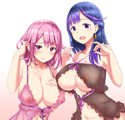 2girls babydoll blue_hair breasts cleavage earrings erect_nipples gradient gradient_background half_updo heart heart_earrings jewelry large_breasts lingerie looking_at_viewer multicolored_hair multiple_girls navel nipples open_mouth original pink_background pink_eyes pink_hair purple_eyes purple_hair purple_ribbon revision ribbon see-through short_hair smile two_tone_hair underwear white_background zaxwu