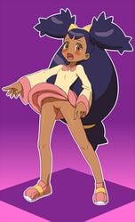 :o blush dark-skinned_female dark_hair dark_skin dress female female_only human iris_(pokemon) iris_(pokemon_bw) long_hair majin_(artist) nintendo no_panties open_mouth orange_eyes pokemon pokemon_bw purple_hair pussy shoes smile solo standing uncensored