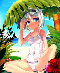 barefoot beach blue_eyes blue_sky blush breasts cloud collarbone covered_navel day female flower full-face_blush hairband looking_at_viewer nipple_bulge nipples ocean one-piece_swimsuit open_mouth see-through shade short_hair silver_hair sitting sky small_breasts solo swimsuit t.o.d touhou tree tree_shade wet_clothes wet_swimsuit youmu_konpaku