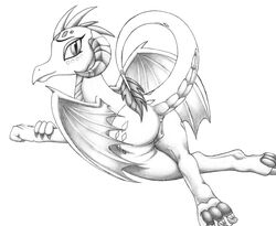 2017 absurd_res ass claws dragon female friendship_is_magic graboiidz hi_res horn looking_at_viewer membranous_wings monochrome my_little_pony princess_ember_(mlp) pussy solo traditional_media_(artwork) wings