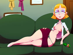 1girls 2016 alcohol areolae big_breasts black_eyes blonde_hair bottle breasts clothes couch drunk earrings eyeshadow female female_only glasses hair half-closed_eyes heels hey_arnold! high_heels hourglass_figure human legs lips lipstick looking_at_viewer makeup milf miriam_pataki mother nickelodeon nipples nose open_clothes panties partially_clothed purple_eyes shiny shiny_skin short_hair skirt solo stomach thehumancopier thick_thighs