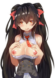 :q absurdres bangs bare_shoulders black_hair blush breasts breasts_out brown_eyes female girls'_frontline hair_between_eyes heart heart-shaped_pupils highres long_hair looking_at_viewer medium_breasts necktie nipples self_fondle smile solo symbol-shaped_pupils tied_hair tongue tongue_out twintails type_97_(girls'_frontline) upper_body very_long_hair yueqin_(monnpiano)