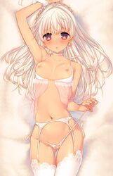 arm_up blush breasts breasts_out choker collarbone cowboy_shot crotchless_panties dark-skinned_female dark_skin earrings female garter_belt garter_straps jewelry lingerie looking_at_viewer lying navel nipples no_shoes on_back original panties red_eyes see-through silver_hair small_breasts solo string_panties sweat tatami_to_hinoki thigh_gap thighhighs underwear white_legwear white_panties