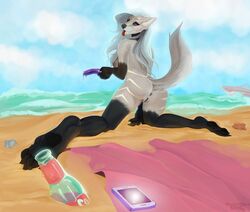 2016 anthro anus ass beach black_fur bottle breasts canid canine canis fangs female food fur furry furry_only grey_fur hair looking_back mammal multicolored_fur naked nipples nude pastelhues pawpads phone popsicle pussy seaside solo spread_legs spreading tail tongue tongue_out white_hair wolf