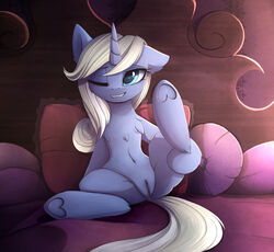 absurd_res blue_eyes detailed_background equine eyelashes female feral fluffy fur furry furry_only hair hi_res horn magnaluna mammal moonbow my_little_pony one_eye_closed pillow pussy sitting smile solo spread_legs spreading tail underhoof unicorn white_hair