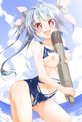 aqua_hair between_breasts blue_hair blue_sky breasts cloud collarbone cute_fang day female hair_ornament hair_ribbon holding holding_torpedo i-19_(kantai_collection) kantai_collection large_breasts long_hair looking_at_viewer nipples object_between_breasts one-piece_swimsuit open_mouth pink_eyes porurin_(do-desho) red_eyes ribbon school_swimsuit sexually_suggestive sky smile solo star star-shaped_pupils suggestive_fluid swimsuit symbol-shaped_pupils tied_hair torn_clothes torn_swimsuit torpedo twintails water wet