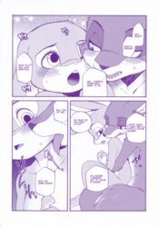 2016 anthro blush canine comic dialogue disney dogear218 duo english_text female fox judy_hopps lagomorph male mammal manga monochrome nick_wilde nude penetration purple_and_white purple_theme rabbit screentone sex small_breasts straight text translated vaginal_penetration zootopia