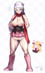 2017 2girls =3 adapted_costume arms_behind_back bare_shoulders beanie black_shirt blue_eyes blue_hair blush boots breasts checkered checkered_background chibi_inset cleavage closed_mouth colored_pubic_hair commentary_request covered_navel cynthia_(pokemon) dated dawn_(pokemon) drooling female female_only full_body hair_ornament hair_over_one_eye hands_together hat heart heart-shaped_pupils heart_eyes highres human iku_(ikuchan_kaoru) interlocked_fingers inverted_nipples knee_boots large_breasts legs_apart long_hair long_sleeves looking_at_viewer multiple_girls nintendo nipples nose_blush own_hands_together pink_footwear pink_skirt pokemon pokemon_dppt pubic_hair red_scarf revision scarf shiny shiny_skin shirt sidelocks signature simple_background skirt smile solo_focus speech_bubble standing talking thighs toned translation_request undersized_clothes white_background white_hat