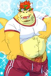 1boy anthro blue_background bowser chest_hair clothed clothing koopa loneliestbara male male_only mario_(series) nintendo open_mouth pants partially_clothed penis pubic_hair shirt solo standing sweat sweaty undressing vein veiny_penis