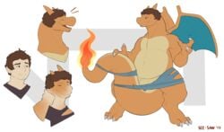 anthro charizard clothing duo flaccid hair humanoid humanoid_penis male male_only musclegut nintendo penis pokemon pokemon_(species) see-saw smile standing torn_clothing transformation video_games wings