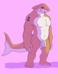 anthro balls diphallia diphallism fish flaccid looking_at_viewer male male_only marine multi_penis muscular nipples penis serex shark sharky_(serex) smile solo standing uncut