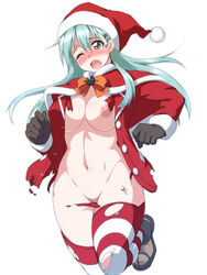 aqua_eyes aqua_hair areolae black_gloves blush breasts capelet christmas christmas_outfit female gloves groin hair_between_eyes hat jacket kantai_collection large_breasts long_hair looking_at_viewer midriff mikagami_sou navel nipples nose_blush one_eye_closed open_clothes open_jacket open_mouth pom_pom_(clothes) red_clothes santa_costume santa_hat solo standing standing_on_one_leg striped striped_legwear suzuya_(kantai_collection) thighhighs torn_clothes torn_thighhighs