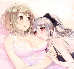 2girls babydoll bare_shoulders blush breast_sucking breasts brown_eyes brown_hair cleavage commentary_request drill_hair hair_ribbon hand_holding idolmaster idolmaster_cinderella_girls interlocked_fingers kanzaki_ranko long_hair lying lying_on_person mimura_kanako mui_(muica) multiple_girls on_back on_side on_stomach red_eyes ribbon short_hair silver_hair smile tied_hair twin_drills twintails yuri