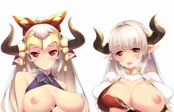 2girls alicia_(granblue_fantasy) aliza_(granblue_fantasy) bare_shoulders bell blush breasts breath cross cross_earrings dean doraf earrings granblue_fantasy heart heart-shaped_pupils highres horns jewelry large_breasts long_hair mother_and_daughter multiple_girls nipples open_mouth pointy_ears red_eyes silver_hair simple_background symbol-shaped_pupils upper_body white_background