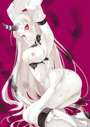 abyssal_ship armpits arms_up ass blush boots breasts detached_sleeves dress female heart heart-shaped_pupils horn kantai_collection large_breasts long_hair looking_at_viewer nipples pale_skin porurin_(do-desho) red_eyes ribbed_dress seaport_hime shinkaisei-kan solo symbol-shaped_pupils torn_clothes very_long_hair white-skinned_female white_hair