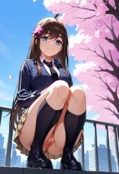 1girls ai_generated at blossoms cherry female focus looking no_panties on only pussy pussy_visible railing rooftop school schoolgirl skirt sun_rong the_daily_life_of_the_immortal_king underskirt uniform vagina viewer