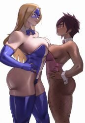 2girls absurdres adapted_costume ass asymmetrical_docking blonde_blazer blonde_hair bow bowtie breast_press breasts dark-skinned_female dark_skin detached_collar dispatch dispatch_(game) elbow_gloves eye_mask face_piercing female female_only fishnet_pantyhose fishnets gloves hands_on_own_hips highleg highleg_leotard highres huge_ass huge_breasts invisigal large_breasts leotard mask multiple_girls nose_piercing nose_ring pantyhose piercing strapless strapless_leotard tall_female thick_thighs thighhighs thighs tomboy wrist_cuffs zukululuu